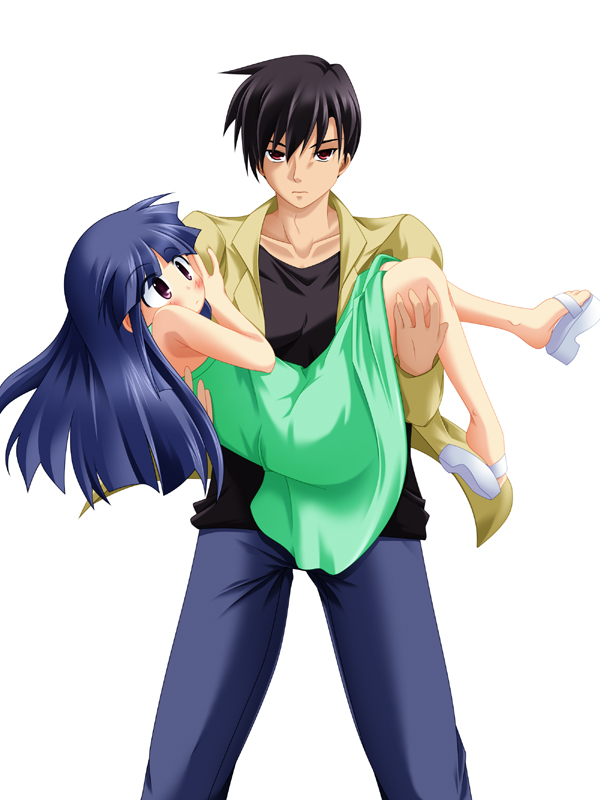 omi (imoya), akasaka mamoru, furude rika, higurashi no naku koro ni, 00s, 1boy, 1girl, blue hair, blush, carrying, dress, green skirt, long hair, princess carry, purple eyes, sandals, skirt, surprised
