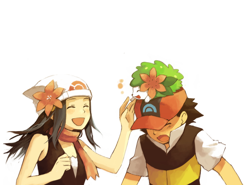 nako75, shirataki nako, ash ketchum, dawn (pokemon), shaymin, shaymin (land), nintendo, pokemon, pokemon (anime), bad id, bad pixiv id, 00s, 1boy, 1girl, ^ ^, beanie, black hair, child, closed eyes, flower, gen 4 pokemon, gracidea, hat, laughing, legendary pokemon, mythical pokemon, on head, pokemon (creature), pokemon on head