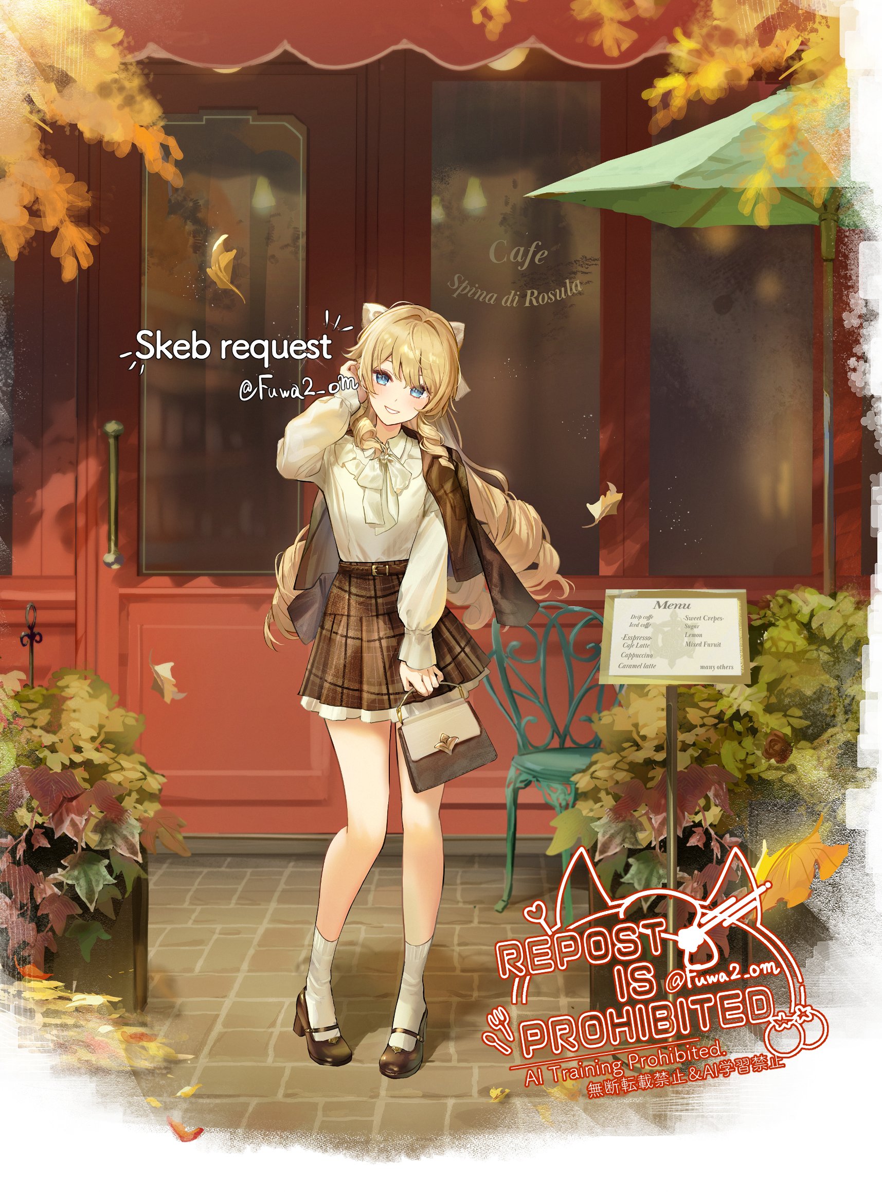 omelet tomato, navia (genshin impact), genshin impact, commission, highres, skeb commission, 1girl, autumn leaves, bag, blonde hair, blue eyes, bow, brown jacket, brown shoes, brown skirt, casual, drill hair, falling leaves, full body, hair bow, hand up, handbag, high heels, holding, holding bag, jacket, jacket on shoulders, leaf, long hair, long sleeves, looking at viewer, parted lips, shirt, shirt tucked in, shoes, skirt, smile, socks, solo, standing, white shirt, white socks
