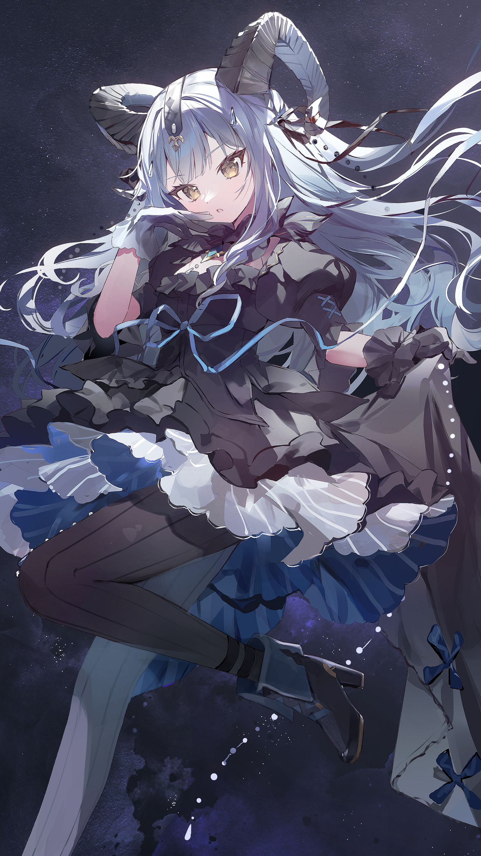 cy6n, togawa sakiko, togawa sakiko (master of melodia), arknights, bang dream!, bang dream! it's mygo!!!!!, absurdres, chinese commentary, commentary request, highres, 1girl, black boots, black dress, black gloves, black horns, black pantyhose, black ribbon, blue hair, blunt bangs, boots, curled horns, detached collar, dress, foot out of frame, frilled dress, frills, gloves, hair ribbon, hand to own mouth, hand up, high heel boots, high heels, horn ornament, horn ring, horns, long hair, looking at viewer, pantyhose, puffy short sleeves, puffy sleeves, ribbon, short sleeves, sidelocks, skirt hold, solo, standing, standing on one leg, two side up, yellow eyes