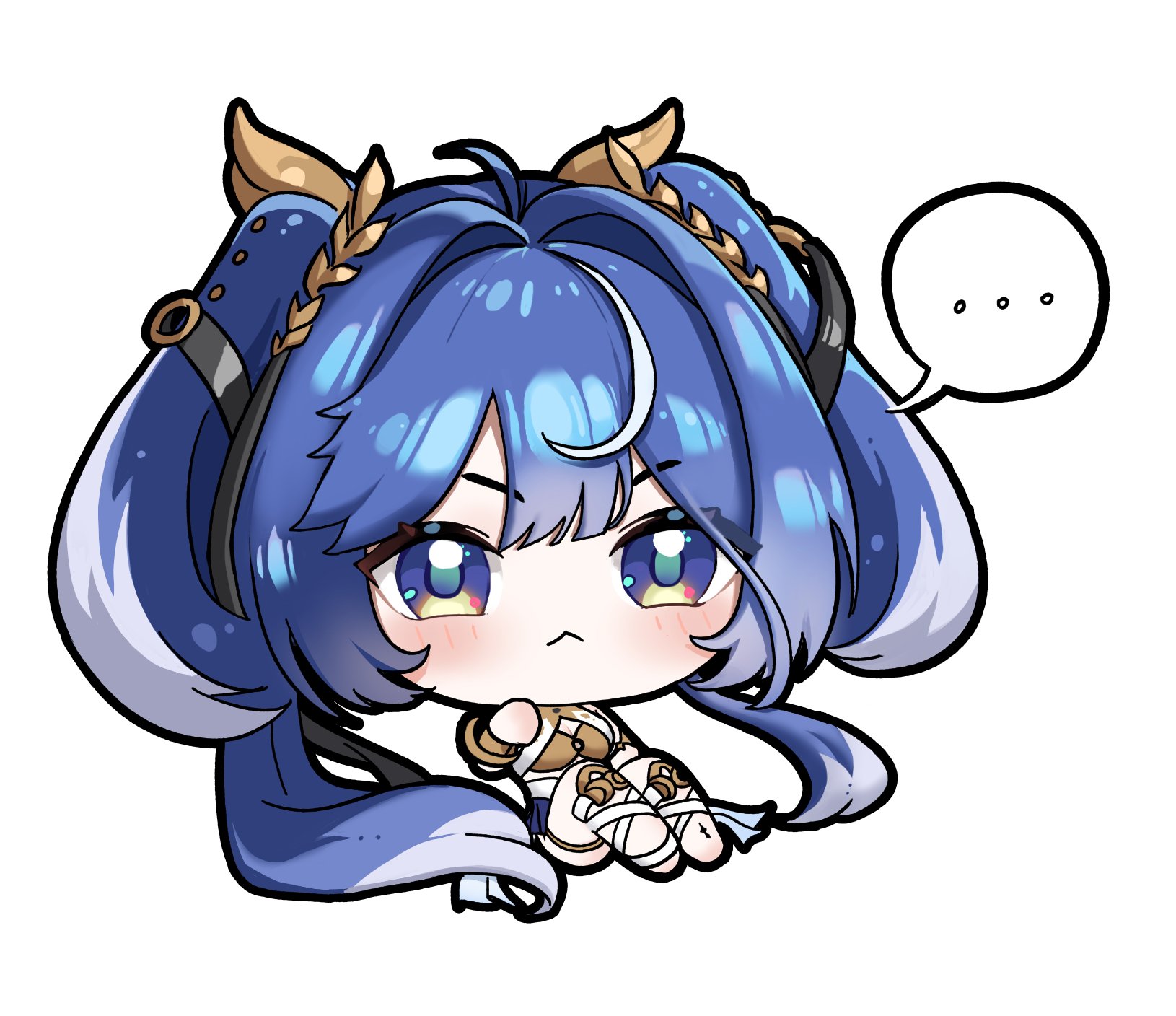 chuvi y, iuno (wuthering waves), wuthering waves, commentary, english commentary, highres, …, 1girl, :<, ahoge, blue eyes, chibi, chibi only, closed mouth, gold bra, hair belt, head wreath, long hair, looking at viewer, multicolored hair, simple background, solo, spoken ellipsis, streaked hair, tacet mark (wuthering waves), twintails, white background