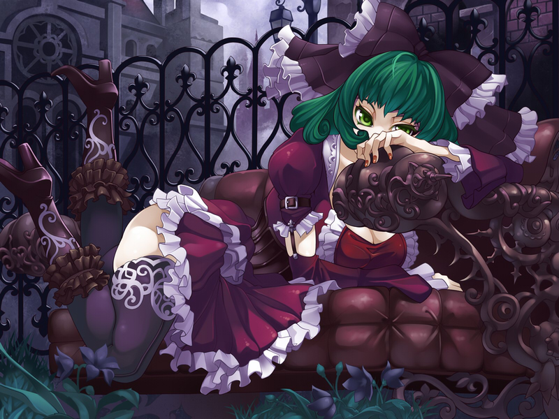 torigoe takumi, original, flower request, 1girl, ankle garter, black shoes, black thighhighs, bow, breasts, buckle, building, cleavage, corset, couch, covered mouth, detached sleeves, dress, feet up, female focus, fence, fingernails, fleur-de-lis, flower, frilled dress, frills, goth fashion, green eyes, green hair, hair bow, high heels, hip focus, ironwork, large breasts, looking at viewer, lying, matching hair/eyes, nail polish, on couch, on stomach, orange nails, outdoors, plant, puffy short sleeves, puffy sleeves, purple dress, red nails, shoes, short dress, short sleeves, solo, thighhighs, tsurime, zettai ryouiki