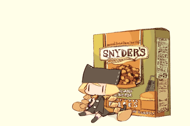 mota, 1girl, blonde hair, box, braid, chibi, cookie, eating, female focus, food, pretzel, snack, snyder's, solo, twin braids, | |
