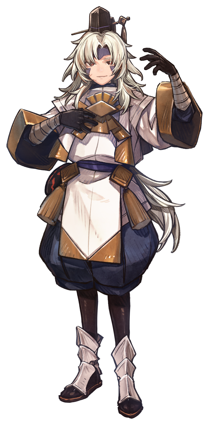 bandai namco, artist request, highres, official art, second-party source, 1boy, akazu (towa and the guardians of the sacred tree), arm wrap, armor, black gloves, black hat, black leggings, black socks, blue hairband, blue pants, blue sash, brown sandals, facial mark, facing viewer, full body, gloves, greaves, hair intakes, hairband, hat, impasto, japanese clothes, leg armor, leggings, legs apart, long hair, looking at viewer, male focus, mark under both eyes, nostrils, obi, pants, parted bangs, parted lips, puffy pants, red eyes, sandals, sash, silver armlet, simple background, smile, socks, sokutai, solo, tabi, tassel, tate eboshi, teeth, three-quarter sleeves, towa and the guardians of the sacred tree, transparent background, tsurime, very long hair, wavy hair, white hair, white sleeves, white sokutai, wide sleeves, zouri
