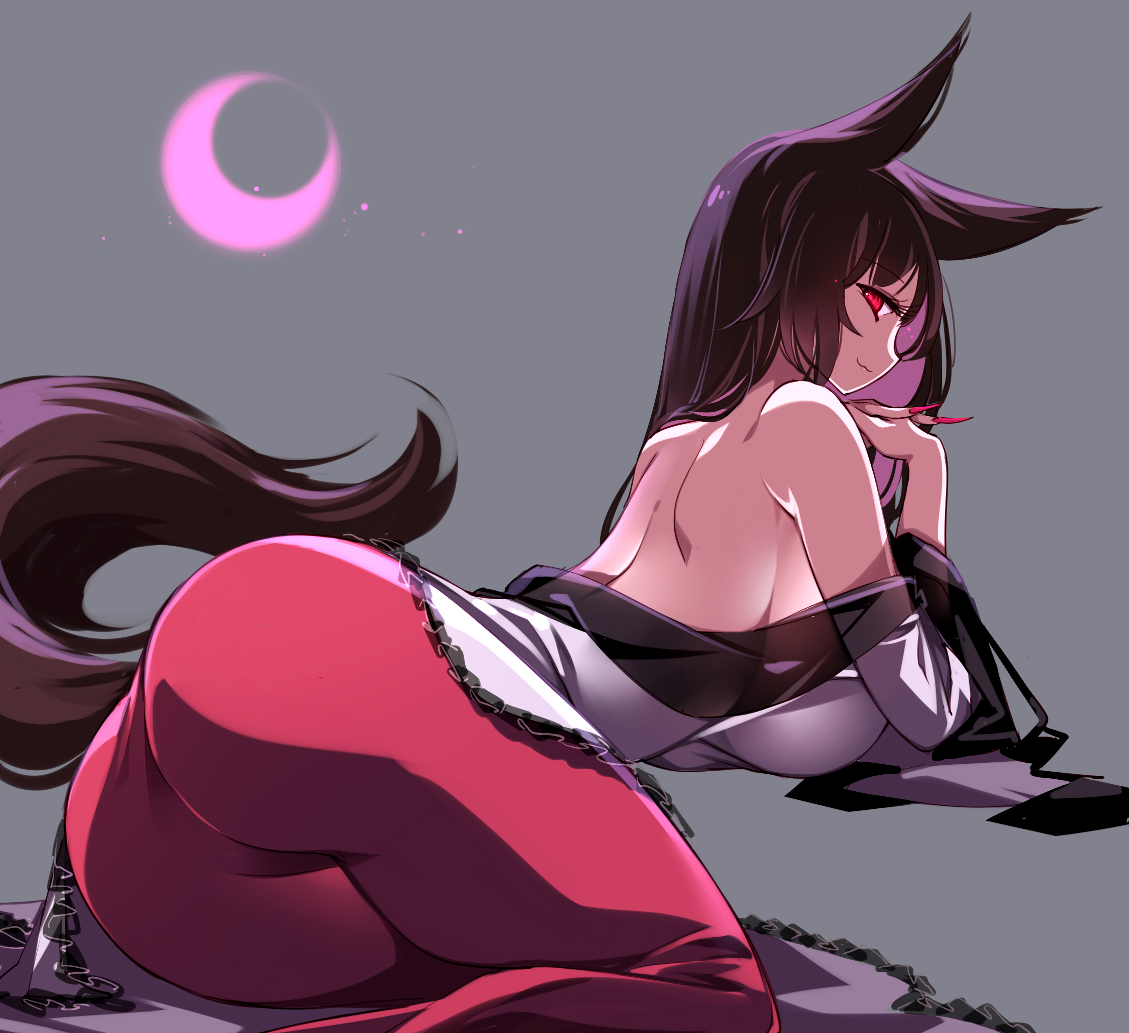 raptor7, imaizumi kagerou, touhou, highres, 1girl, animal ears, ass, breasts, brown hair, dress, large breasts, long skirt, off-shoulder dress, off shoulder, red eyes, red skirt, skirt, solo, tail, wolf ears, wolf girl, wolf tail