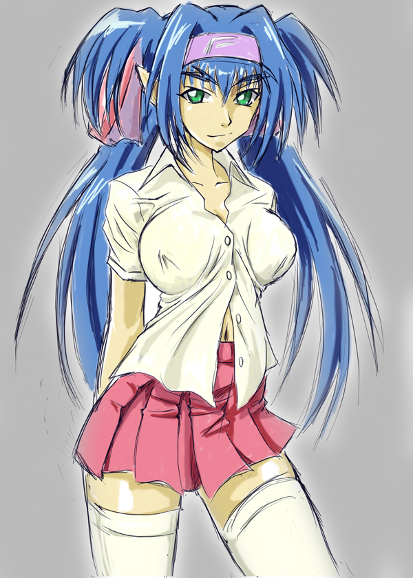 kyabakurabakufu, klan klein, macross, macross frontier, 00s, 1girl, blue hair, breasts, covered erect nipples, female focus, green eyes, large breasts, long hair, pointy ears, skirt, solo, thighhighs, zettai ryouiki