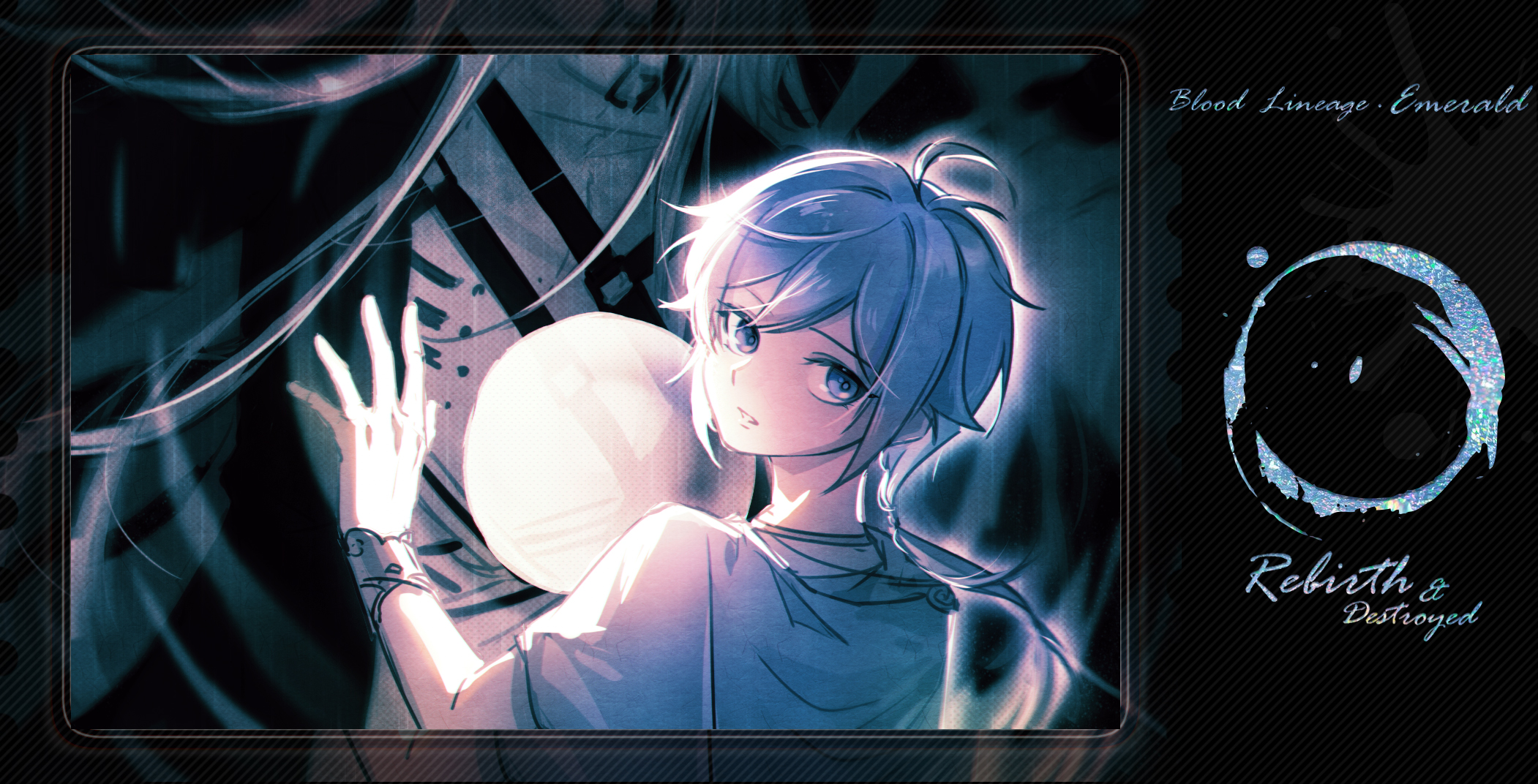 rui (fri), cael anselm, cael anselm (spirit world), cael anselm (white city), lovebrush chronicles, chinese commentary, highres, 2boys, age difference, aged down, black border, black coat, border, bracer, coat, dual persona, english text, glowing, hair between eyes, hand up, harness, head out of frame, jacket, long hair, long sleeves, looking at viewer, low ponytail, male focus, multiple boys, orb, parted lips, ponytail, portrait, purple eyes, short sleeves, solo focus, time paradox, tunic, upper body, white hair, white jacket, white tunic