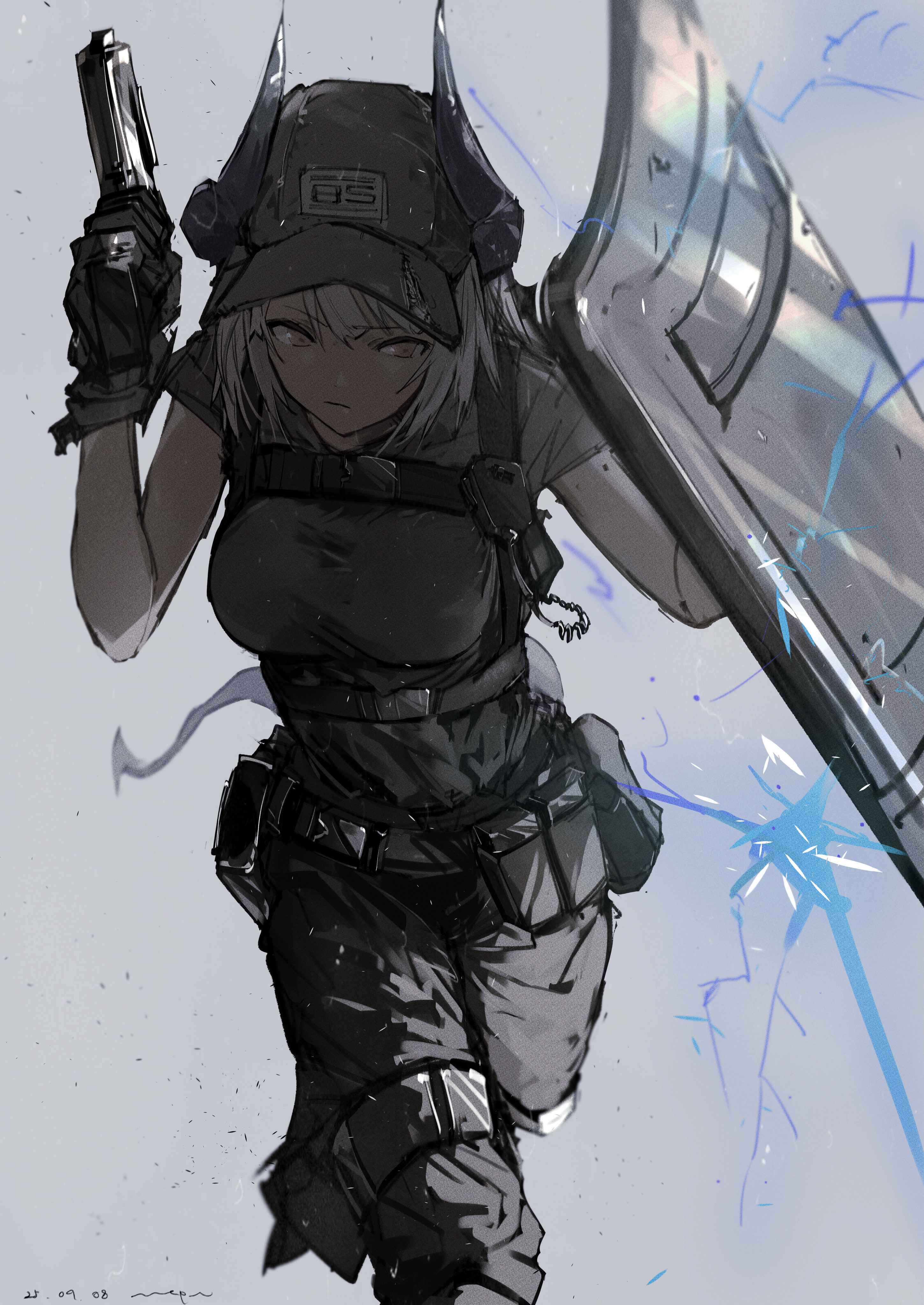 pppmepl, liskarm (arknights), arknights, absurdres, commentary, highres, 1girl, alternate costume, arm up, ballistic shield, baseball cap, belt, belt pouch, black hat, black pants, black shirt, breasts, closed mouth, dated, dragon girl, dragon horns, dragon tail, expressionless, feet out of frame, grey background, grey hair, gun, handgun, hat, holding, holding gun, holding shield, holding weapon, horns, leaning forward, pants, pouch, running, shield, shirt, short sleeves, signature, solo, tail, weapon