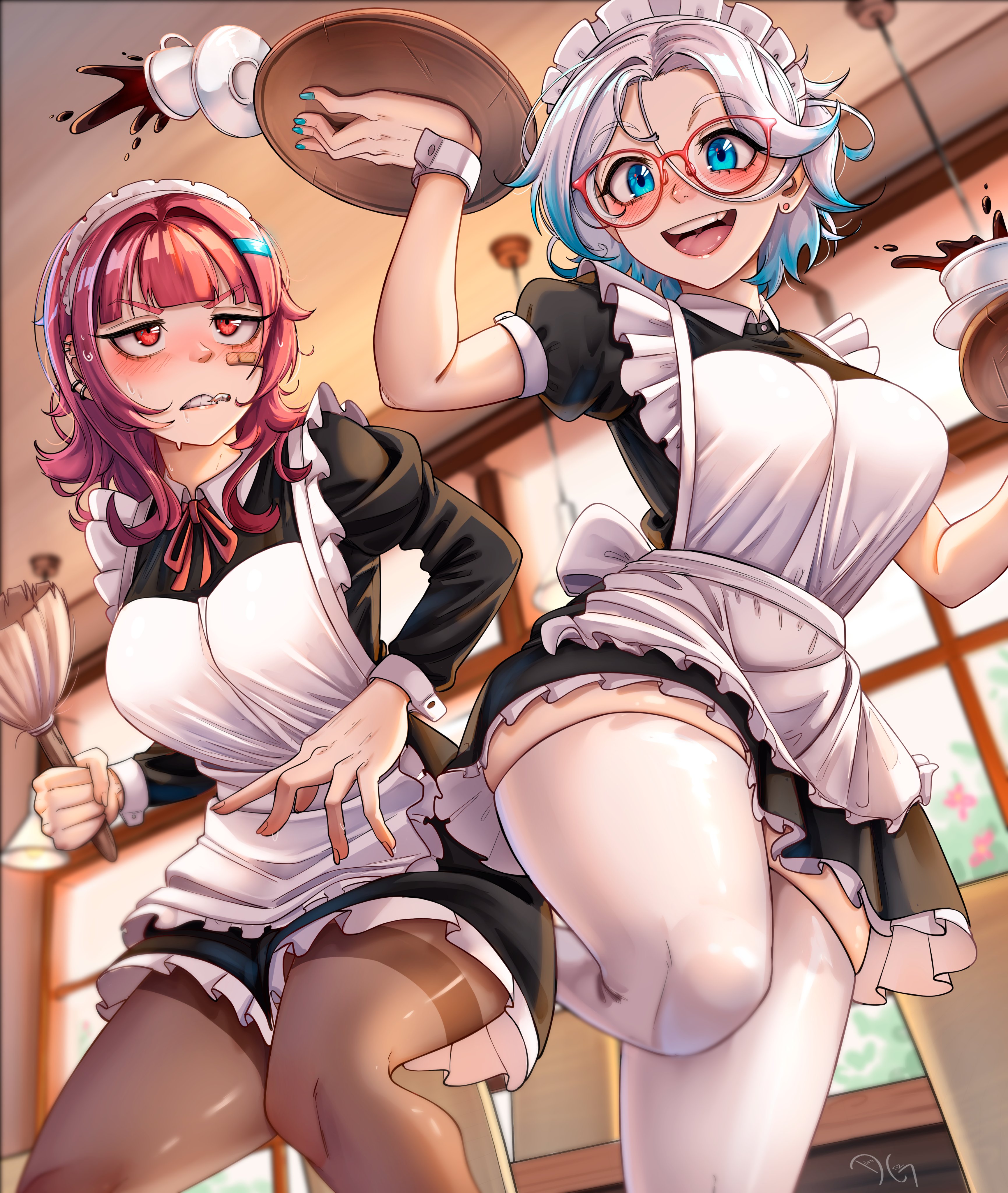 dilan griz, original, absurdres, highres, 2girls, :d, alternate costume, apron, black dress, blue eyes, blue hair, blurry, blurry background, blush, breasts, brown pantyhose, charlotte (dilan griz), choppy bangs, cigarette, coffee, cowboy shot, cup, curvy, dress, ear piercing, earrings, enmaided, frilled apron, frills, glasses, gradient hair, hair ornament, hand up, holding, holding tray, indoors, jewelry, kat (dilan griz), large breasts, looking at viewer, maid, maid apron, maid headdress, medium breasts, medium hair, mouth hold, multicolored hair, multiple girls, nose, open mouth, pantyhose, parted hair, piercing, puffy short sleeves, puffy sleeves, red eyes, red hair, short hair, short sleeves, skindentation, smile, spanish commentary, spilling, standing, standing on one leg, stud earrings, sweat, teeth hold, thick thighs, thighband pantyhose, thighhighs, thighs, tongue, tray, white apron, white hair, white headdress, white thighhighs