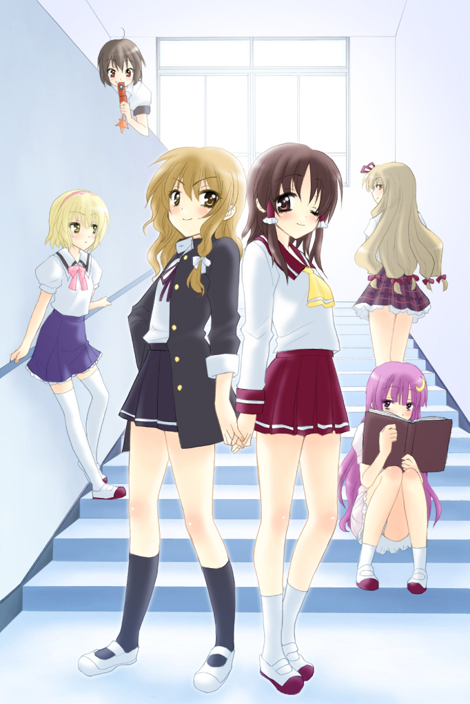 saki chisuzu, alice margatroid, hakurei reimu, kirisame marisa, patchouli knowledge, shameimaru aya, yakumo yukari, touhou, 6+girls, alternate costume, blonde hair, contemporary, female focus, holding hands, multiple girls, school uniform, serafuku, shoes, sitting, sitting on stairs, skirt, stairs, uwabaki