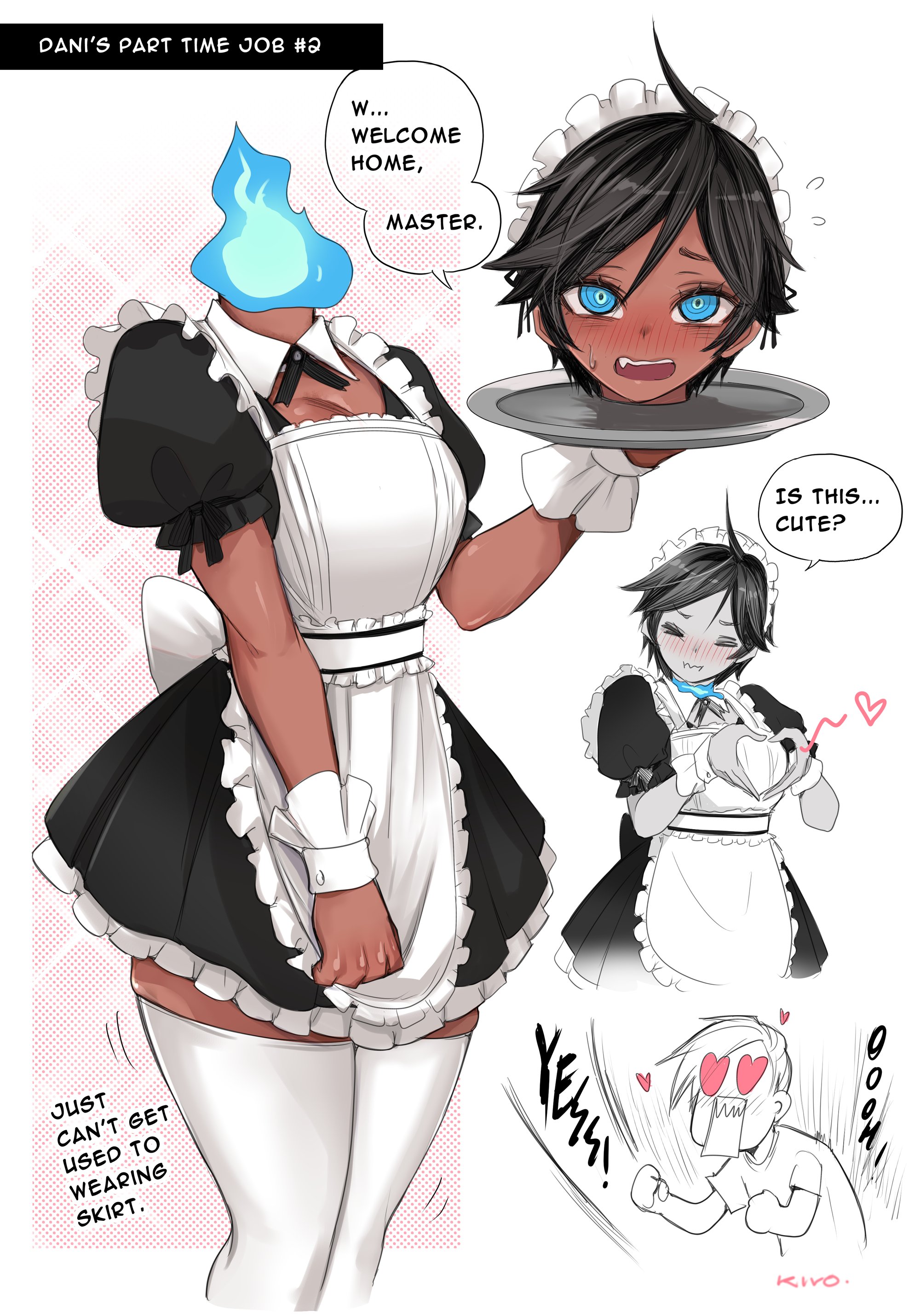 kivo, original, absurdres, highres, 1boy, 1girl, ahoge, artist name, back bow, black dress, black hair, blue eyes, blue fire, blush, bow, breasts, closed eyes, dani (kivo), dark-skinned female, dark skin, dress, dullahan, english text, fire, flying sweatdrops, heart, heart-shaped eyes, heart hands, holding, holding tray, maid, maid headdress, short hair, speech bubble, thighhighs, tray, white bow, white thighhighs, white wrist cuffs, wrist cuffs