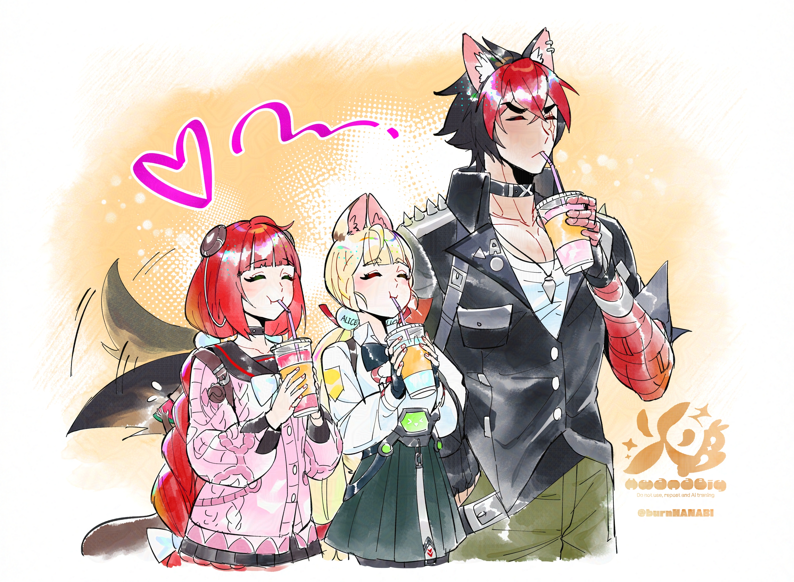 burn hanabi, alice thymefield, kamanosuke (zenless zone zero), komano manato, ukinami yuzuha, zenless zone zero, braided twintails, highres, 1boy, 2girls, animal ear fluff, animal ears, animal on back, backpack, bag, bag charm, belt, black jacket, black pantyhose, black sailor collar, braid, cardigan, cargo pants, charm (object), chest bow, closed eyes, collar, cup, dog boy, dog ears, dog tail, drink, drinking, drinking straw, ear piercing, fingerless gloves, food, fruit, gloves, green pants, green skirt, hair ornament, hearing aid, heart, holding, holding cup, jacket, low twintails, multiple girls, multiple scars, muscular, muscular male, pants, pantyhose, pectorals, piercing, pink cardigan, rabbit ears, rabbit girl, raccoon, red bandage, red hair, ribbon, sailor collar, scar, scar across eye, scar on chest, scar on face, shirt, skirt, sphere hair ornament, spiked jacket, tail, tanuki, twintails, watermelon, watermelon slice, white background, white ribbon, white shirt, yellow background