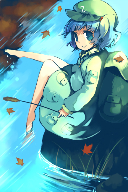 hanokage, kawashiro nitori, touhou, 1girl, bag, blue hair, falling leaves, female focus, hat, leaf, nature, outdoors, plant, short hair, skirt, solo, two side up, water