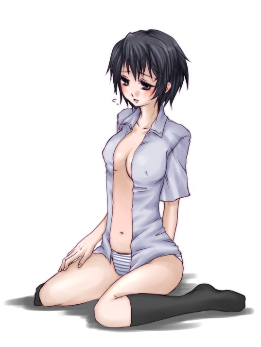 mito ayame, shirogane naoto, atlus, persona, persona 4, bad id, bad pixiv id, 1girl, black hair, blush, breasts, female focus, medium breasts, navel, no bra, open clothes, open shirt, panties, shirt, short hair, shy, socks, solo, stomach, striped clothes, striped panties, tomboy, underwear