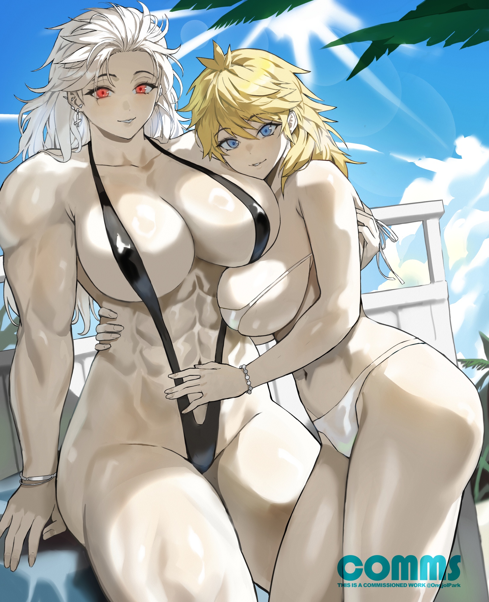 park ongjol, nikaidou (dorohedoro), noi (dorohedoro), dorohedoro, highres, abs, beach, biceps, bikini, black bikini, blonde hair, blue eyes, blue sky, breasts, cloud, cross, cuddling, day, deltoids, hug, inverted cross, inverted cross earrings, muscular, muscular female, navel, outdoors, palm tree, red eyes, sand, size difference, sky, sun, swimsuit, tall female, tree, triceps, white bikini, white hair, yuri
