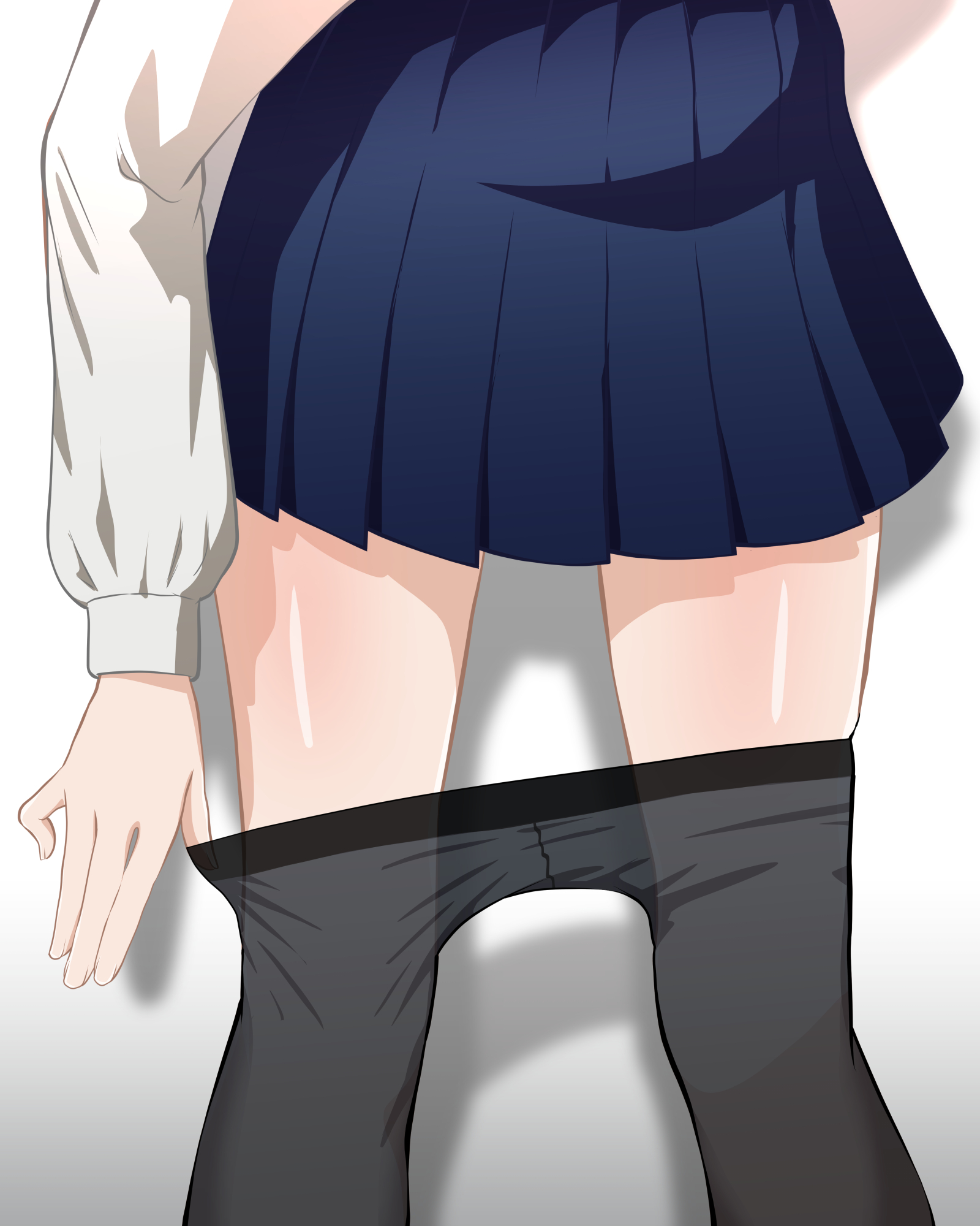 jaqwatdas, yamada ryo, bocchi the rock!, highres, black pantyhose, close-up, clothes pull, crotch seam, drop shadow, leg focus, legs, lower body, pantyhose, pantyhose pull, pleated skirt, school uniform, shadow, shirt, skindentation, skirt, white background, white shirt