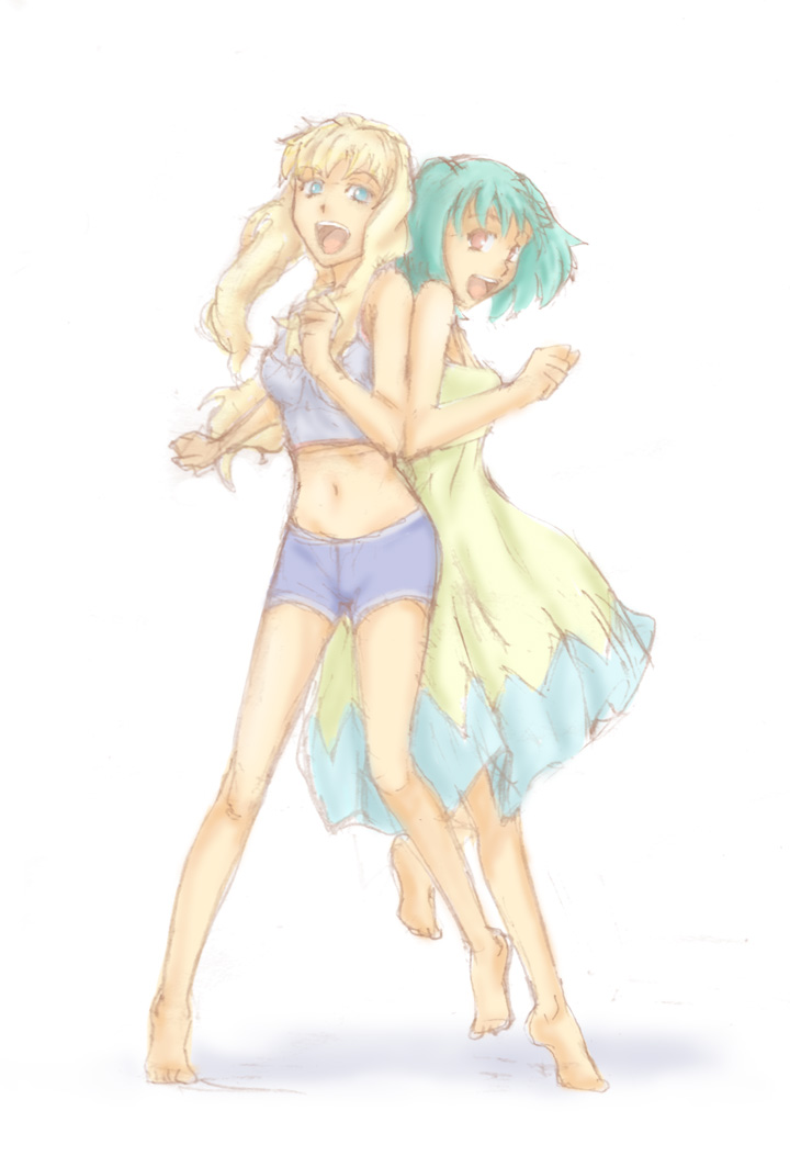hirasawa meio, ranka lee, sheryl nome, macross, macross frontier, 00s, 2girls, :d, back-to-back, barefoot, bikini, blue bikini, blue eyes, blush, dress, green hair, looking at viewer, looking back, midriff, multiple girls, navel, open mouth, red eyes, short hair, short shorts, shorts, simple background, sketch, smile, soles, stomach, sundress, swimsuit, toes, white background, yellow dress