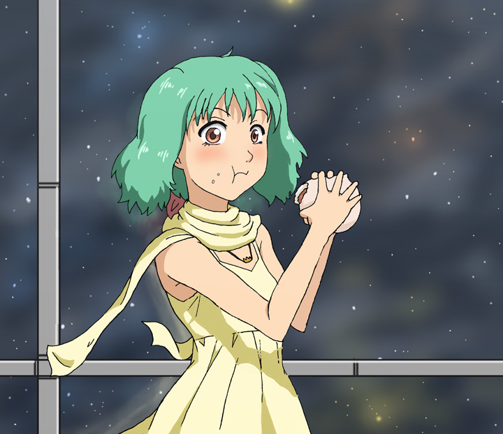 hirasawa meio, ranka lee, macross, macross frontier, 00s, dress, eating, green hair, scarf, solo