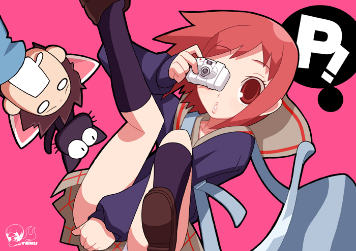 imaizumi teruhiko, takkun, nandaba naota, samejima mamimi, takkun (flcl), flcl, plaid, 00s, 1boy, 1girl, animal ears, brown hair, camera, cat, cat ears, kneehighs, lips, o o, object on head, orange eyes, orange hair, panties, red eyes, red hair, saliva, school uniform, serafuku, short hair, skirt, socks, underwear, white panties