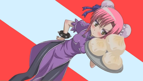 chun-li, katsura hinagiku, capcom, hayate no gotoku!, street fighter, lowres, non-web source, 1girl, bun cover, china dress, chinese clothes, chun-li (cosplay), chun li , cosplay, double bun, dress, female focus, food, pantyhose, pelvic curtain, pink hair, solo, steamed bun, tray, yellow eyes