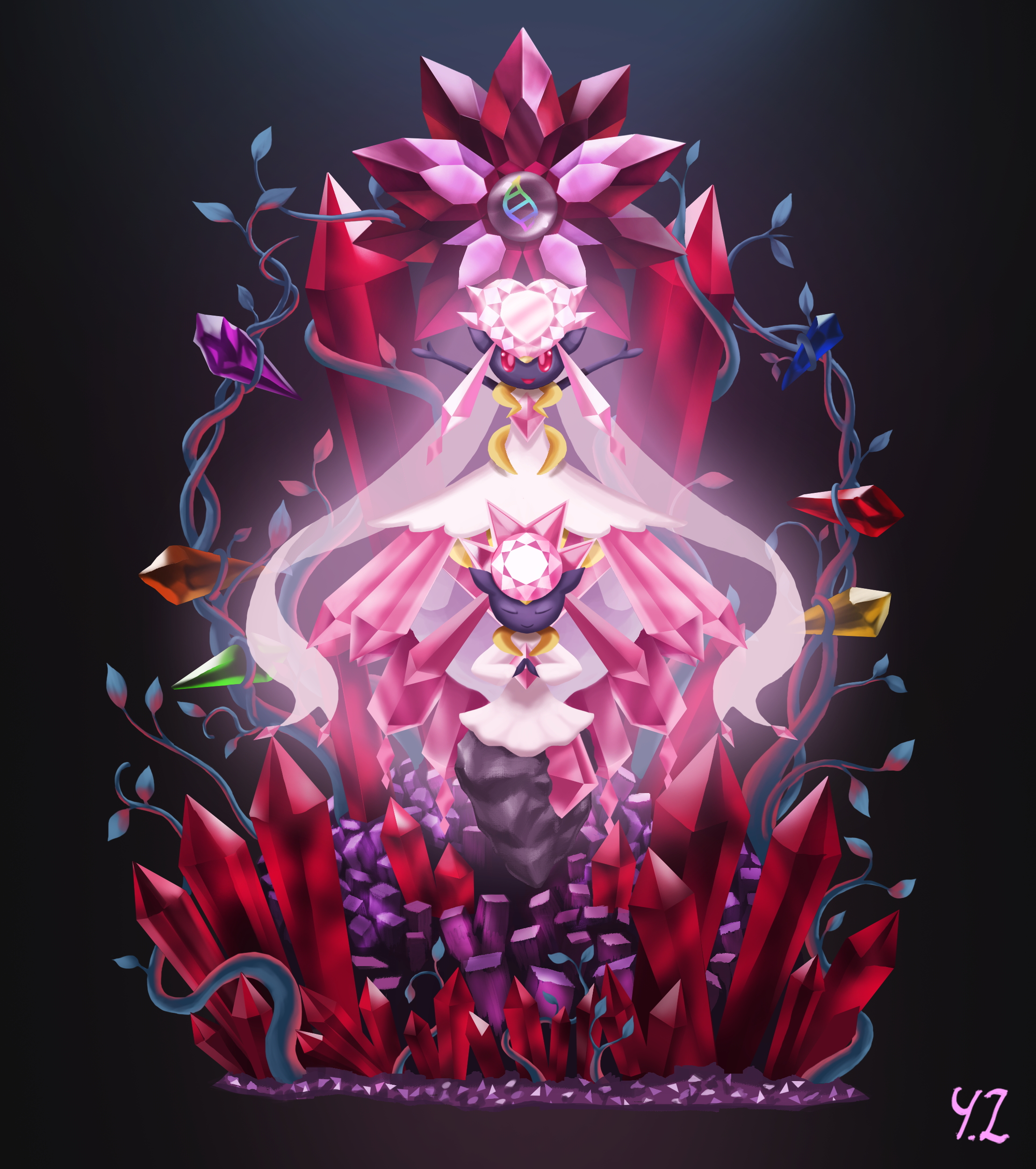 yangzzz, diancie, mega diancie, nintendo, pokemon, absurdres, highres, 2girls, animal ears, artist name, blue gemstone, chest jewel, closed eyes, closed mouth, colored sclera, colored skin, dress, facing viewer, female focus, gem, gen 6 pokemon, green gemstone, happy, legendary pokemon, long hair, long sleeves, looking at viewer, mega pokemon, mega stone, multiple girls, mythical pokemon, open mouth, own hands together, pink eyes, pink gemstone, pink hair, plant, pokemon (creature), purple skin, red gemstone, red sclera, see-through clothes, see-through veil, sidelocks, signature, sleeveless, sleeveless dress, smile, straight-on, u u, veil, vines, white dress, white veil, yellow gemstone