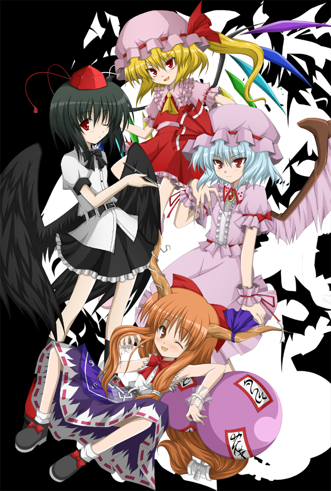 nenaro, flandre scarlet, ibuki suika, remilia scarlet, shameimaru aya, touhou, 4girls, female focus, hat, mob cap, multiple girls, silhouette, tokin hat, wings