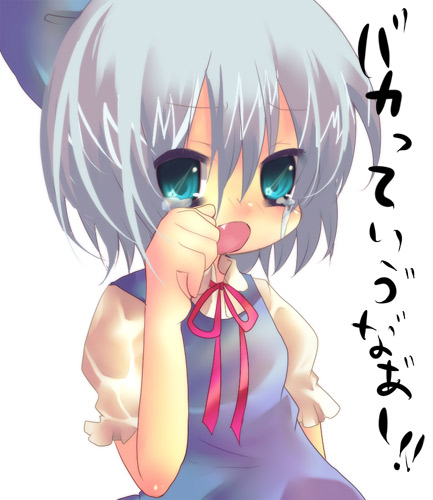 pochi-t, cirno, touhou, silver hair, bad id, bad pixiv id, lowres, translated, 1girl, blue eyes, blue hair, bow, child, fang, female focus, hair bow, matching hair/eyes, open mouth, ribbon, short hair, simple background, solo, tears