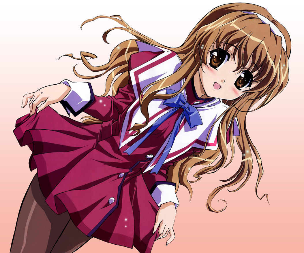 nogizaka haruka, nogizaka haruka no himitsu, non-web source, 00s, blush, brown eyes, brown hair, clothes lift, curtsey, hairband, long hair, pantyhose, school uniform, serafuku, skirt, skirt hold, skirt lift, solo