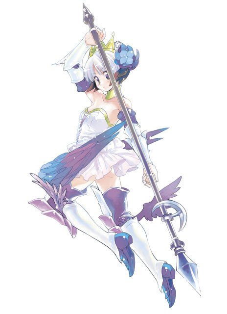 akitsu, akitsu mikami, gwendolyn (odin sphere), odin sphere, bad id, bad pixiv id, 1girl, armor, armored dress, crown, detached sleeves, dress, female focus, hat, leg wings, low wings, multicolored wings, solo, staff, strapless, strapless dress, wings