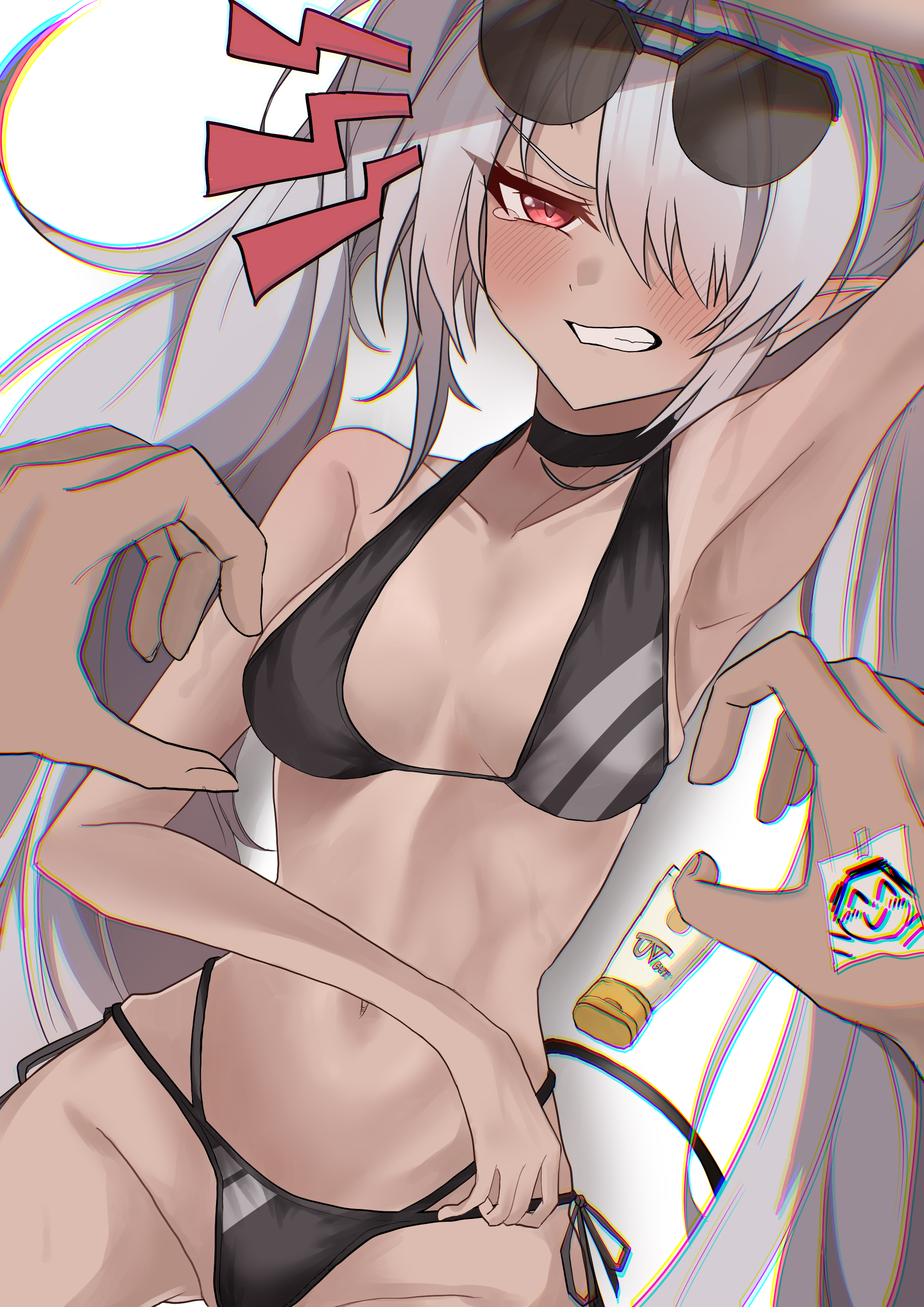 pinnyonn0375, doodle sensei (blue archive), iori (blue archive), iori (swimsuit) (blue archive), sensei (blue archive), blue archive, absurdres, highres, 1boy, 1girl, breasts, dark-skinned female, dark skin, grey hair, lotion, lying, navel, pointy ears, red eyes, small breasts, sunscreen, sweat, twintails