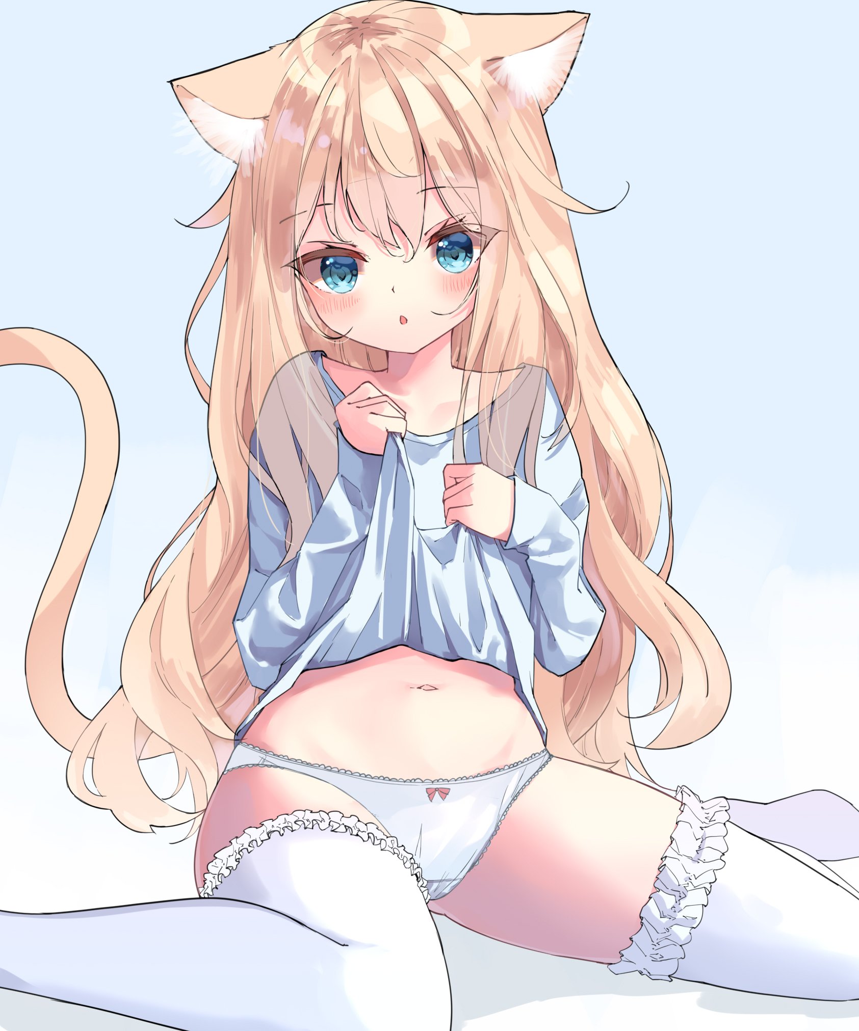hamaru (s5625t), original, highres, 1girl, :o, animal ears, blonde hair, blue eyes, blue shirt, cat ears, cat girl, cat tail, clothes lift, frilled thighhighs, frills, gradient background, lifting own clothes, long hair, long sleeves, looking at viewer, navel, no pants, panties, see-through hair, shirt, shirt lift, simple background, sitting, spread legs, stomach, tail, thighhighs, underwear, wariza, white panties, white thighhighs
