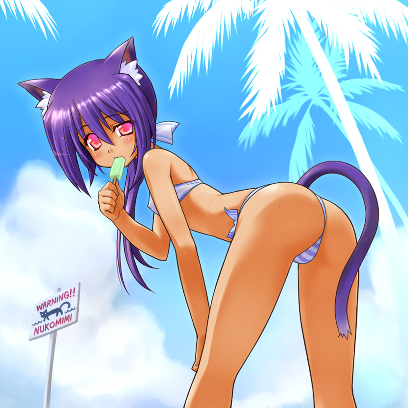 itoji, 1girl, animal ears, ass, bent over, bikini, blush, cat, cat ears, cat tail, covered erect nipples, day, female focus, flat chest, food, ice cream, long hair, looking back, narrow waist, pink eyes, ponytail, popsicle, purple hair, solo, striped bikini, striped clothes, swimsuit, tail, tan