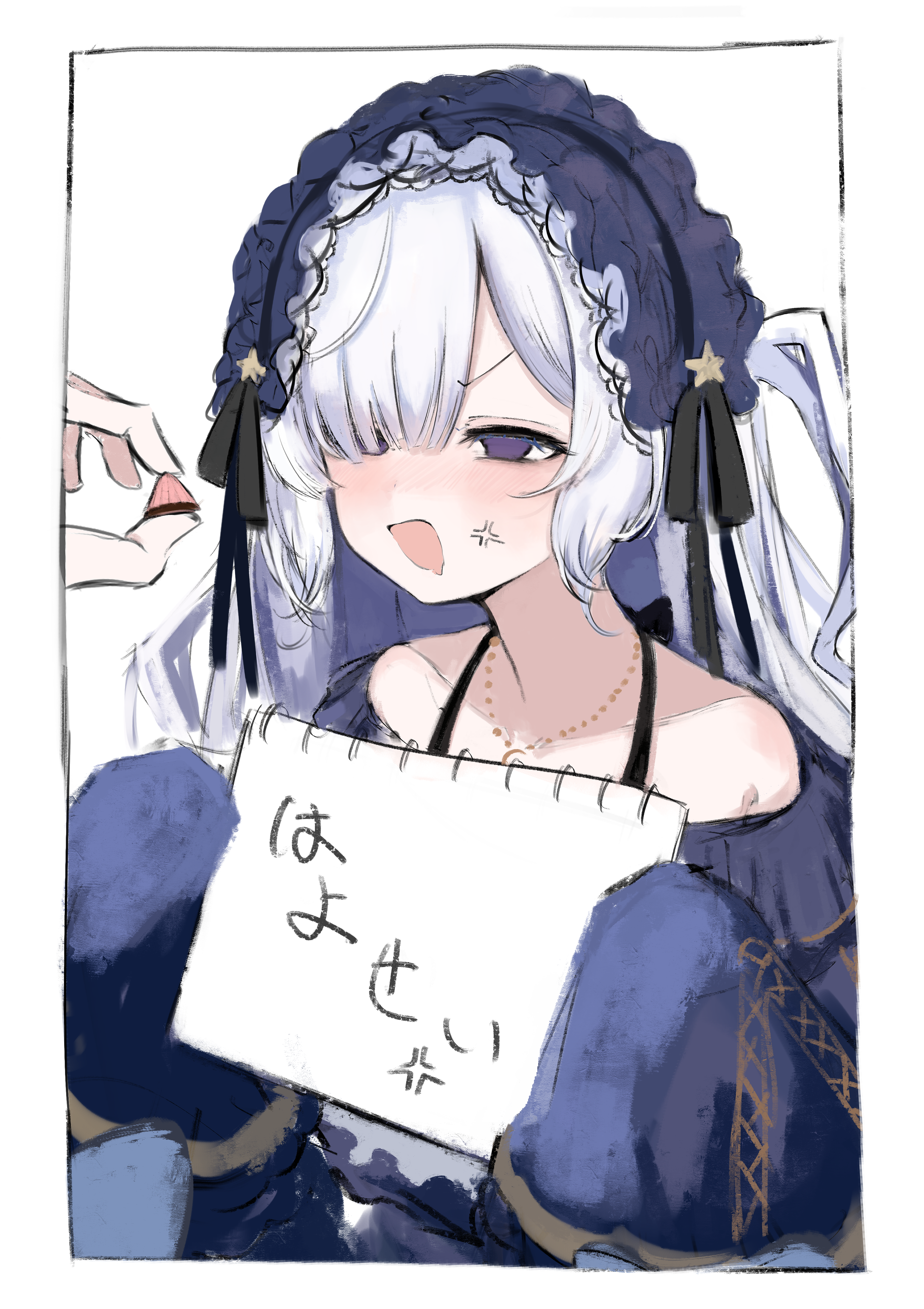 kowai7305, natsume anan, apollo chocolate, mahou shoujo no majo saiban, absurdres, highres, translation request, 1girl, 1other, anger vein, bare shoulders, black ribbon, blue dress, candy, dress, drooling, empty eyes, food, furrowed brow, gothic lolita, hair over one eye, hairband, holding, holding candy, holding food, holding sketchbook, lolita fashion, lolita hairband, long hair, magical girl, mouth drool, open mouth, out of frame, purple eyes, ribbon, sketchbook, sleeves past fingers, sleeves past wrists, solo focus, star (symbol), upper body, white background, white hair