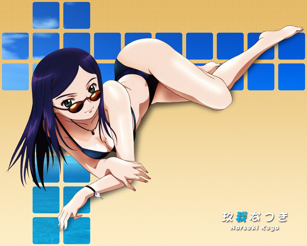 hisayuki hirokazu, kuga natsuki, my-hime, beige background, official art, official wallpaper, 00s, 1girl, aqua eyes, barefoot, belt, bikini, black bikini, blue hair, bracelet, breasts, caustics, character name, cleavage, closed mouth, cloud, crossed arms, day, feet, female focus, full body, gradient background, green eyes, grid, jewelry, key, light smile, looking at viewer, lying, necklace, ocean, on stomach, parted bangs, shadow, shiny skin, sky, smile, solo, sunglasses, swimsuit, toes, watch, water