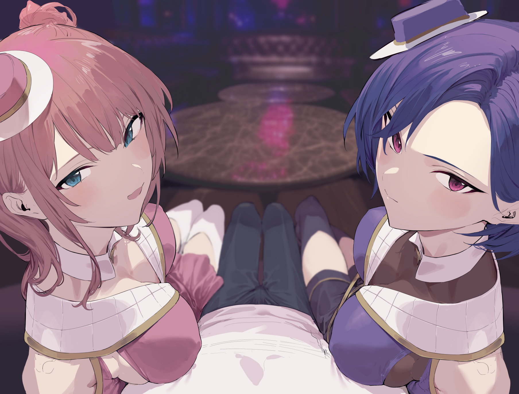 hiiragi yuuichi, original, highres, 2girls, black pants, blue eyes, breasts, closed mouth, hat, idol clothes, looking at viewer, mini hat, multiple girls, open mouth, pants, pink eyes, pink hair, pink hat, pov, purple hair, purple hat, shirt, table, thighhighs, white shirt, white thighhighs