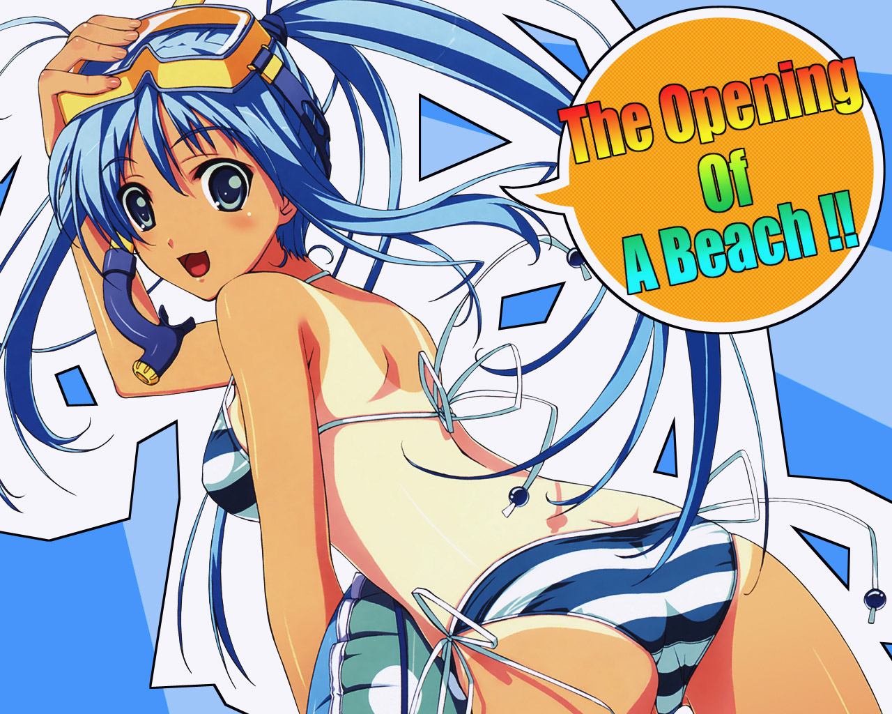 murakami suigun, 1girl, :3, :d, ass, bikini, blue eyes, blue hair, diving mask, english text, female focus, goggles, innertube, long hair, looking back, matching hair/eyes, one-piece tan, open mouth, ponytail, side-tie bikini bottom, smile, snorkel, solo, striped bikini, striped clothes, swim ring, swimsuit, tan, tanline, trefoil