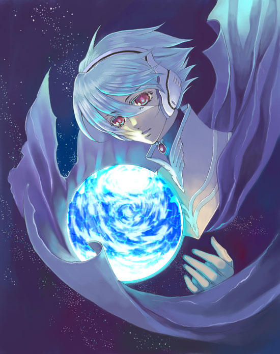aco (pixiv157193), jyuubee, soldier blue, toward the terra, silver hair, bad id, bad pixiv id, 1boy, albino, cape, earth (planet), headphones, male focus, red eyes, solo, space, star (symbol)