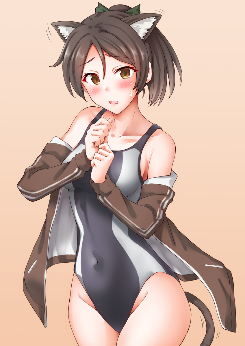 anti (untea9), shikinami (kancolle), kantai collection, highres, 1girl, animal ear fluff, animal ears, black one-piece swimsuit, blush, breasts, brown background, brown eyes, brown hair, brown jacket, cat ears, cat tail, collarbone, competition swimsuit, covered navel, cowboy shot, extra ears, gradient background, hair ribbon, highleg, highleg one-piece swimsuit, jacket, looking at viewer, one-piece swimsuit, open mouth, ponytail, ribbon, short hair, small breasts, swimsuit, tail, track jacket, two-tone swimsuit, white one-piece swimsuit