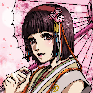 okuni, sengoku musou, bad id, bad pixiv id, lowres, 1girl, bare shoulders, blunt bangs, brown eyes, brown hair, female focus, flower, hair flower, hair ornament, hairband, looking at viewer, parasol, solo, tassel, umbrella