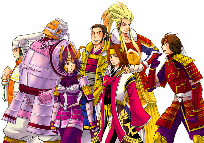 ishida mitsunari, ishida mitsunari (sengoku musou), maeda keiji, maeda keiji (sengoku musou), mitsunari ishida, naoe kanetsugu, sanada yukimura (sengoku musou), shima sakon, shimazu yoshihiro, tachibana ginchiyo, yukimura sanada, sengoku musou, sengoku musou 2, 1girl, 6+boys, ahoge, armor, blonde hair, brown hair, chain, facial hair, gloves, hand fan, hat, japanese armor, japanese clothes, kusazuri, long hair, multiple boys, mustache, purple hair, short hair, shoulder armor, simple background, sode, vambraces, white background
