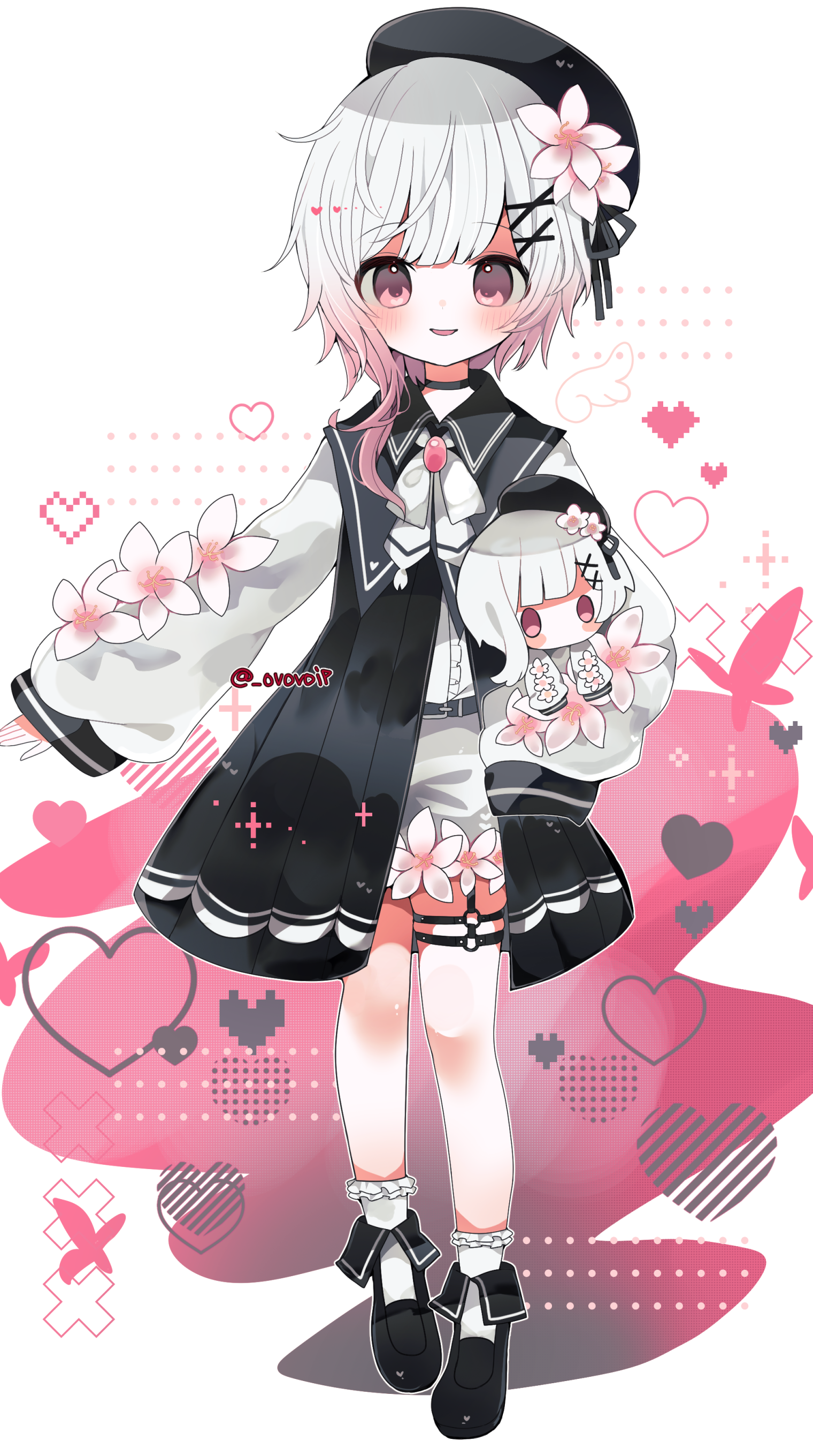 ovoip, sakuraba ema, mahou shoujo no majo saiban, absurdres, commentary request, highres, 1girl, beret, black dress, black hat, black shoes, bug, butterfly, character doll, doll, dress, flower, full body, gradient hair, hair flower, hair ornament, hat, heart, holding, holding doll, insect, long sleeves, looking at viewer, magical girl, multicolored hair, neck ribbon, open mouth, pink eyes, pink hair, ribbon, shirt, shoes, shorts, smile, socks, solo, standing, thigh strap, white flower, white hair, white ribbon, white shirt, white shorts, white socks, x hair ornament