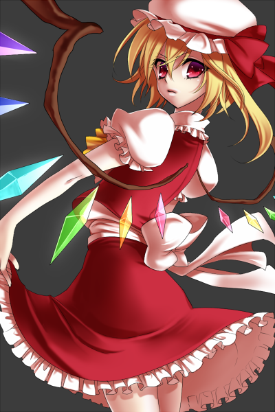 asuka226, asuka setsuna, flandre scarlet, touhou, bad id, bad pixiv id, 1girl, blonde hair, blouse, female focus, from side, hair between eyes, hat, mob cap, ribbon, shirt, skirt hold, solo, white hat, white shirt, wings