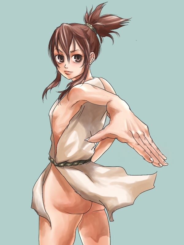 himiko (musou orochi), musou orochi, musou orochi 2, 1girl, armpits, ass, belt, brown eyes, brown hair, dress, female focus, fingernails, flat chest, from behind, hair ornament, japanese clothes, lips, long fingernails, looking back, nail (hardware), no bra, no panties, outstretched hand, ponytail, short dress, short hair, side slit, simple background, sleeveless, smile, solo, standing, thighs, wind, wind lift