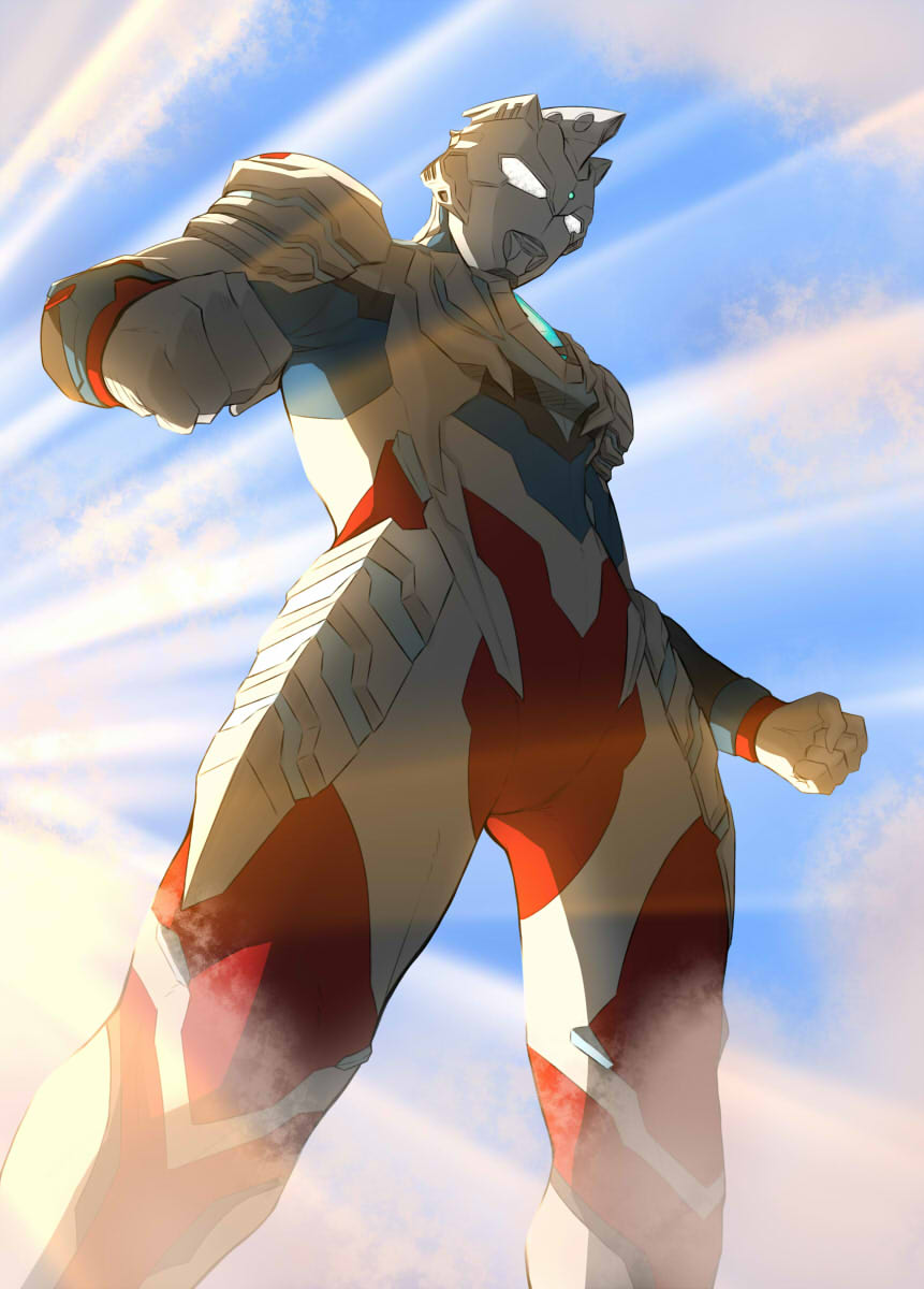 mafuyu tora, ultraman z, ultraman z (alpha edge), ultra series, ultraman z (series), commentary, highres, 1boy, alien, armor, black skin, blue skin, blue sky, breastplate, clenched hands, cloud, cloudy sky, color timer, colored skin, compound eyes, dorsal fin, dust cloud, feet out of frame, forehead jewel, foreshortening, from below, gem, giant, giant male, glowing, glowing eyes, green gemstone, legs apart, looking down, male focus, multicolored skin, outdoors, pectorals, red skin, shoulder armor, silver skin, sky, solo, standing, sunlight, tokusatsu, toned, toned male, white eyes, wrinkled skin