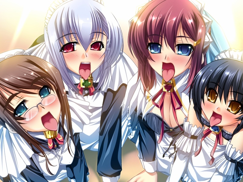 ichijou ema, kuu spitfire, murakumo sakura, shishiouin hime, goshujinsama daisuki, game cg, 4girls, all fours, black hair, blue eyes, blue hair, blush, breasts, brown eyes, brown hair, cleavage, collar, everyone, from above, glasses, hairband, imminent fellatio, lock, loli, looking up, maid, multiple girls, open mouth, oral invitation, padlock, padlocked collar, pov, red eyes, red hair, slave, take your pick, tongue