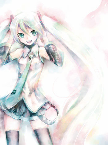 kei (keigarou), hatsune miku, vocaloid, lowres, 1girl, detached sleeves, faux traditional media, female focus, green eyes, green hair, long hair, matching hair/eyes, necktie, solo, speed painting, thighhighs, twintails, zettai ryouiki