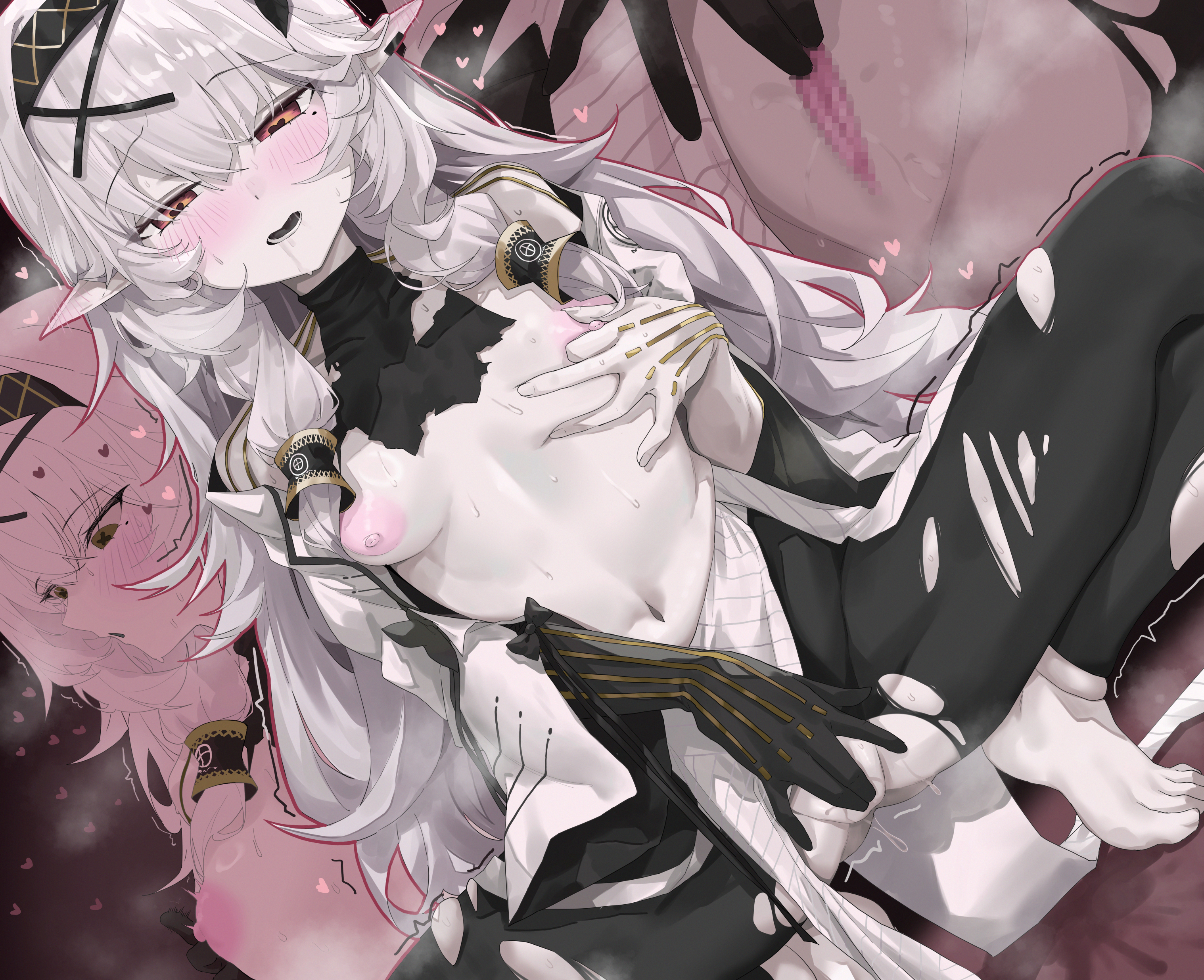 jeon (user ywaw3774), himari (blue archive), blue archive, absurdres, highres, 1girl, asymmetrical gloves, barefoot, black gloves, black hairband, black pants, black shirt, blush, bow, bow panties, breasts, colored skin, female masturbation, gloves, hair between eyes, hairband, heart, heart-shaped pupils, jacket, long hair, masturbation, mismatched gloves, nipple stimulation, nipples, no bra, open clothes, open jacket, open mouth, orange eyes, panties, pants, pointy ears, saliva, shirt, solo, squatting, symbol-shaped pupils, torn clothes, torn pants, torn shirt, turtleneck, turtleneck shirt, underwear, white gloves, white hair, white jacket, white skin, x-shaped pupils