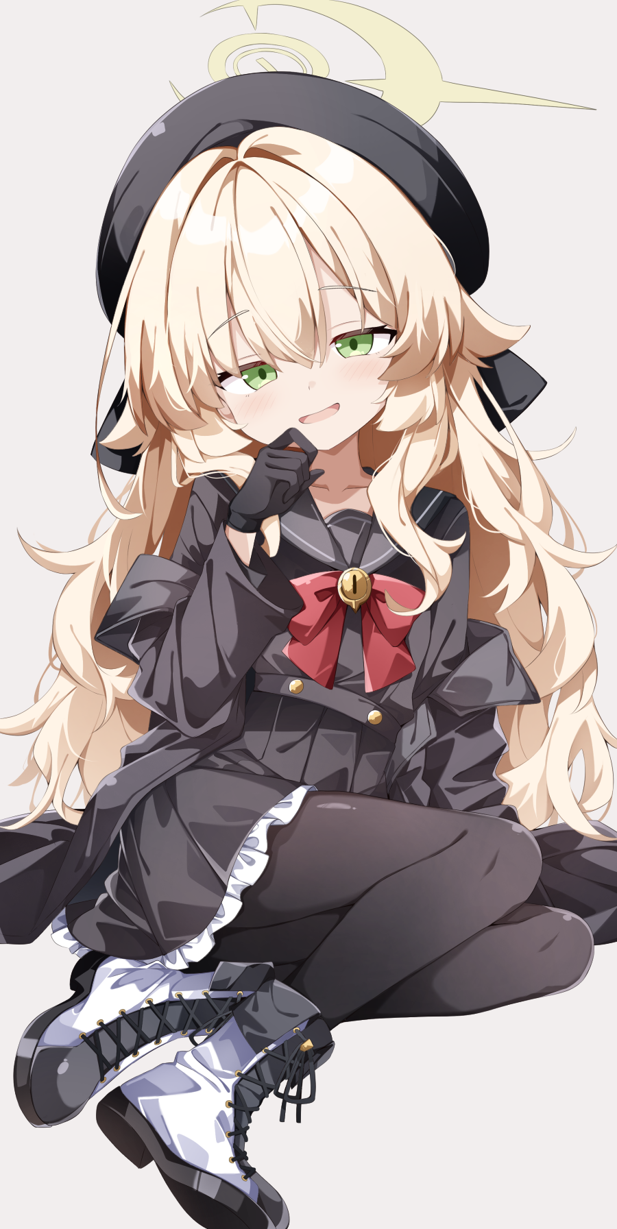 sabana, professor niyaniya (blue archive), blue archive, fluffy hair, commentary request, highres, paid reward available, 1girl, :d, beret, black coat, black hat, black pantyhose, black sailor collar, black serafuku, black shirt, black skirt, blonde hair, blush, boots, bow, bowtie, coat, collarbone, frilled skirt, frills, full body, green eyes, grey background, hair intakes, halo, hand up, hat, head tilt, high-waist skirt, lace-up boots, long hair, long sleeves, looking at viewer, open clothes, open coat, open mouth, pantyhose, pleated skirt, red bow, red bowtie, sailor collar, school uniform, serafuku, shirt, sidelocks, simple background, sitting, skirt, smile, smug, solo, very long hair, wavy hair, white boots, wide sleeves, yellow halo, yokozuwari