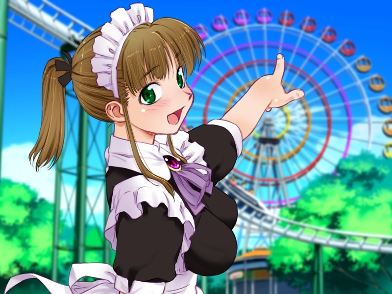 kiriyama taichi, nagisa (maid in heaven), maid in heaven, maid in heaven supers, game cg, 00s, 1girl, amusement park, blush, breasts, brown hair, female focus, ferris wheel, green eyes, large breasts, maid, open mouth, pointing, ponytail, sky, solo