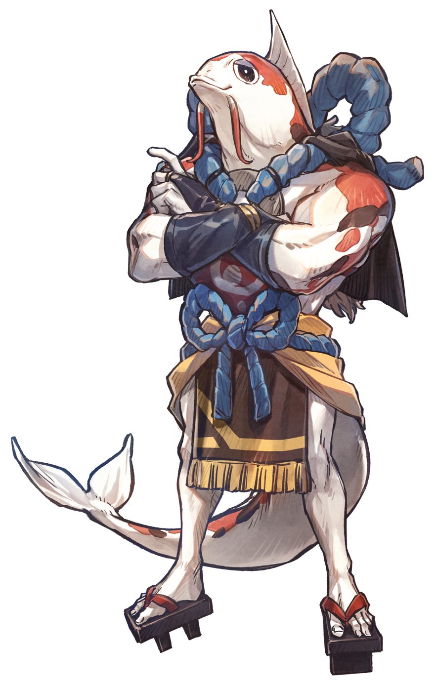 bandai namco, artist request, highres, official art, second-party source, 1boy, biceps, black bridal gauntlets, black cape, black eyes, black sandals, bracelet, bridal gauntlets, bright pupils, brown loincloth, cape, closed mouth, colored skin, crossed arms, fins, fish boy, fish tail, full body, geta, gold bracelet, gold ring, head fins, impasto, jewelry, koi, legs apart, loincloth, looking at viewer, lowered eyelids, middle ring, multicolored skin, muscular, muscular male, nishiki (towa and the guardians of the sacred tree), no humans, o-ring, orange skin, platform sandals, rope, sandals, shimenawa, short cape, simple background, smile, solo, tachi-e, tail, tank top, towa and the guardians of the sacred tree, transparent background, white pupils, white skin, white tank top